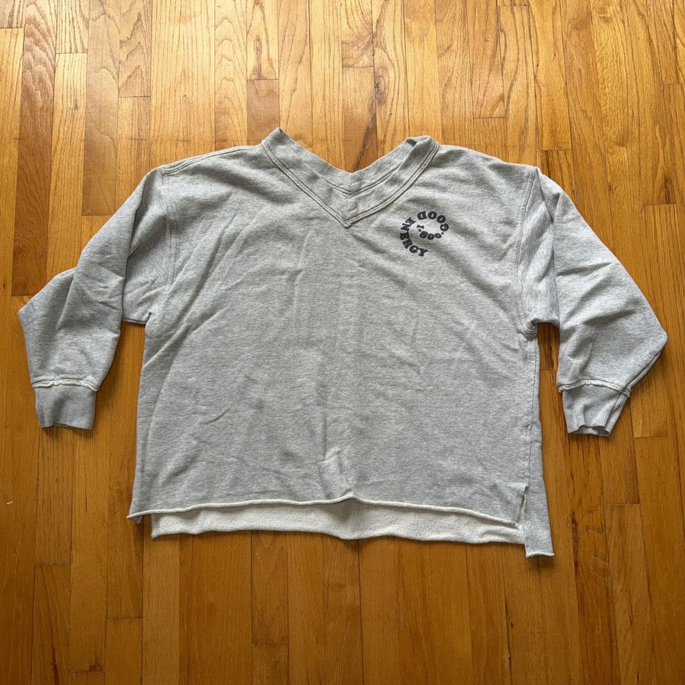 Aerie Sweatshirt Womens XL Gray 1-800 Good Energy V Neck Raw Hem Pullover Fleece